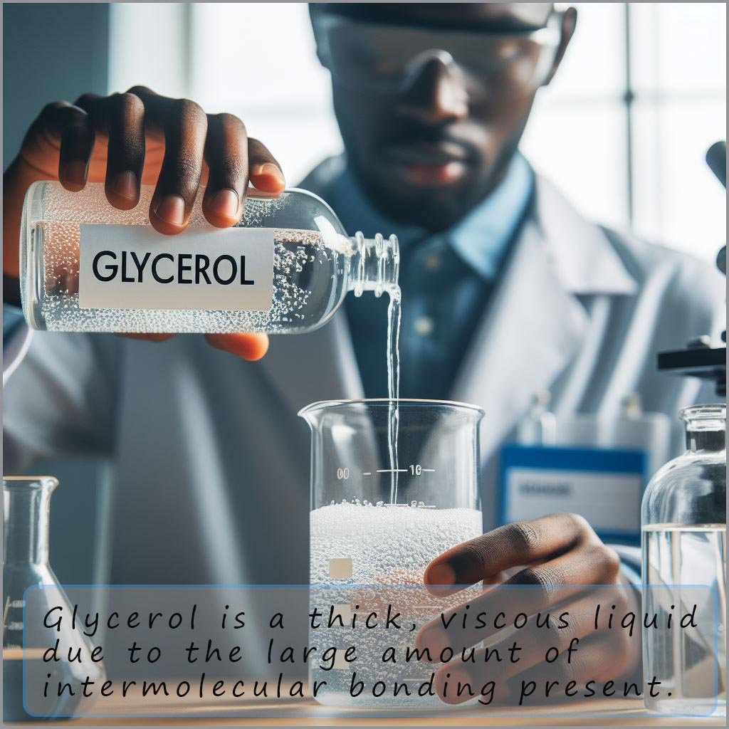 Glycerol is a viscous liquid, glycerol being poured into a beaker